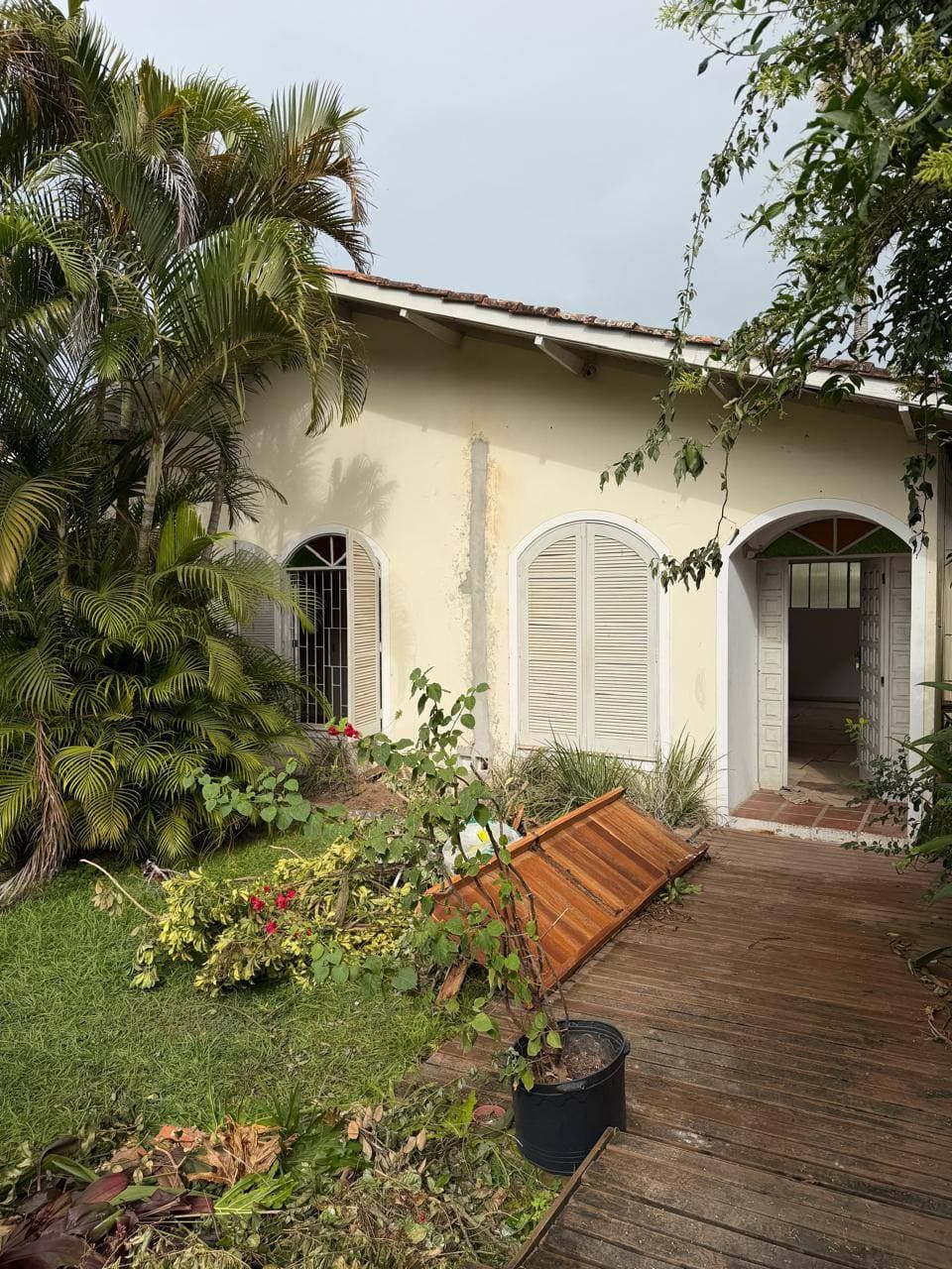 Fachada da casa com deque de madeira na entrada e plantas altas, antes da reforma